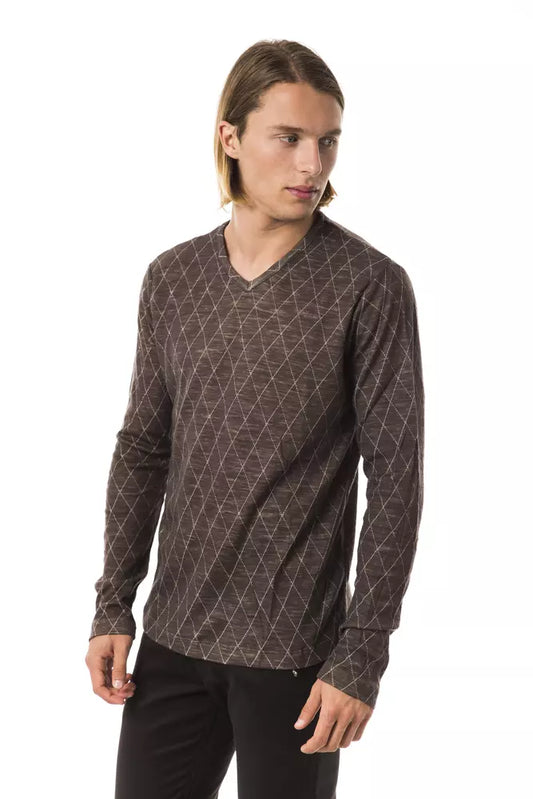 Classic V-Neck Patterned Sweater in Earthy Brown