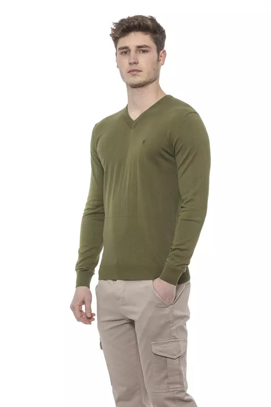 Elegant V-Neck Green Cotton Sweater