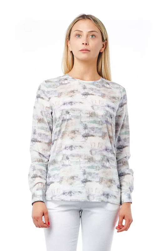 Elegant Fantasy Print Round Neck Cotton Blouse