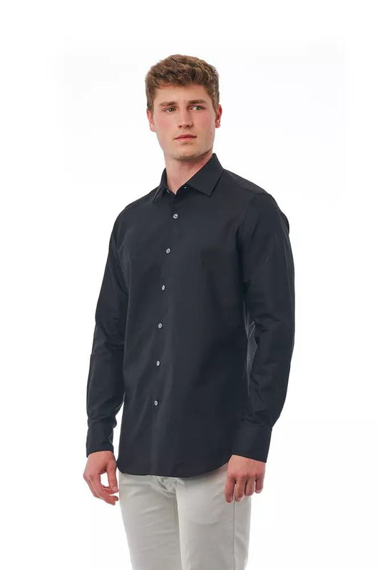 Elegant Black Cotton Italian Collar Shirt