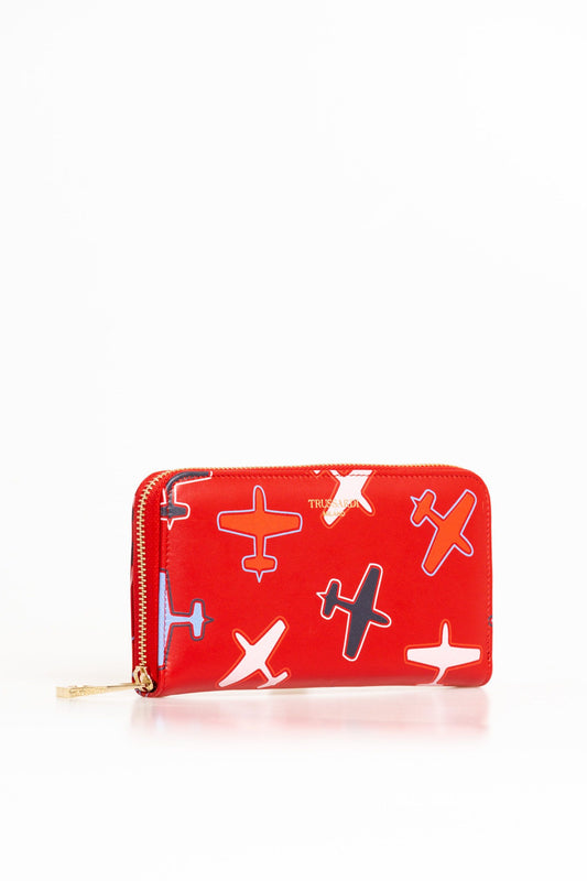 Chic Airplane Print Red Leather Wallet