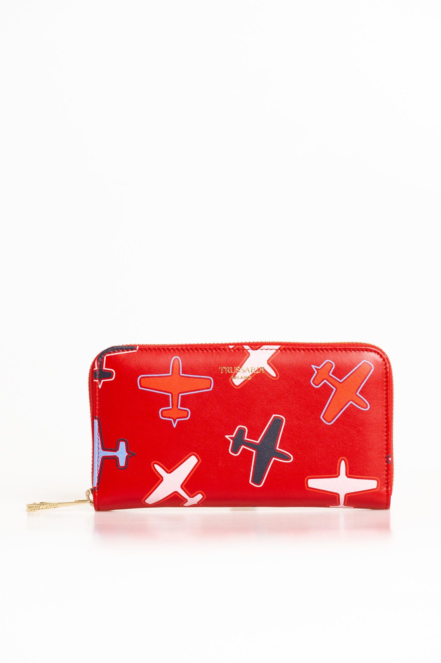 Chic Airplane Print Red Leather Wallet