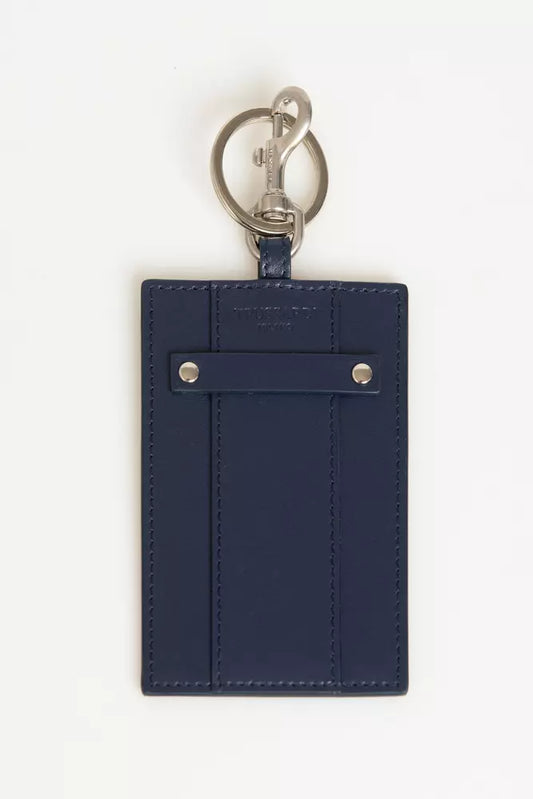 Elegant Blue Leather Badge Holder with Key Ring